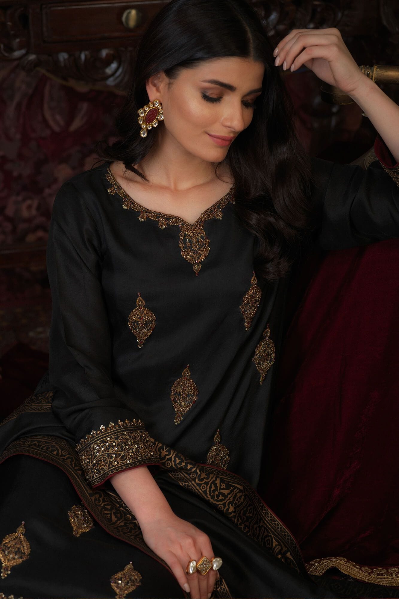 Pakistani Black Embroidered PK Raw Silk Salwar Kameez (3-Piece) - Image 4