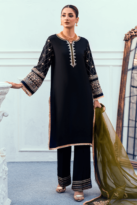 Pakistani Black Zardozi PK Raw Silk Kurta Set (3-Piece) - Image 2