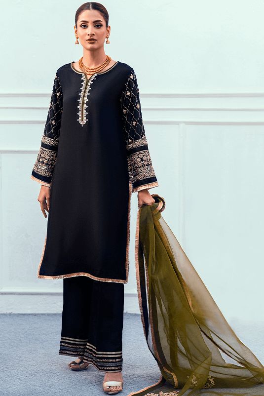 Pakistani Black Zardozi PK Raw Silk Kurta Set (3-Piece) - Image 3