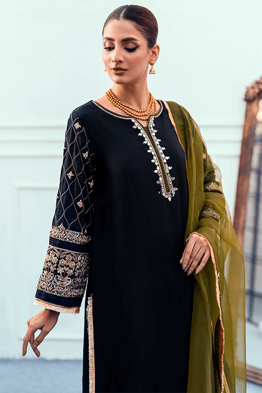 Pakistani Black Zardozi PK Raw Silk Kurta Set (3-Piece) - Image 4