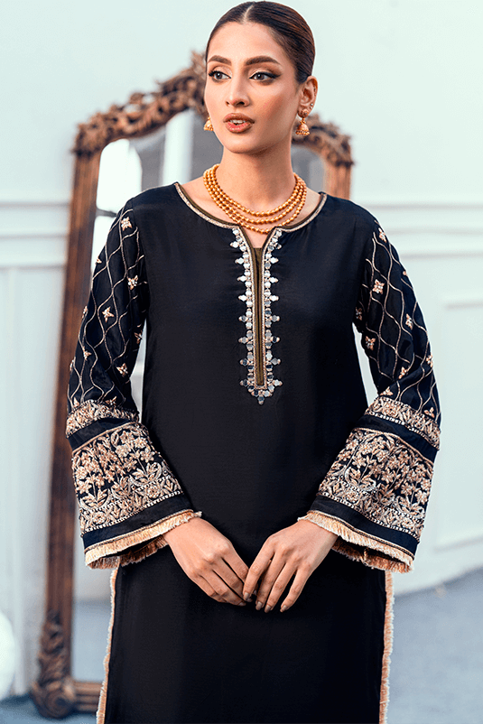Pakistani Black Zardozi PK Raw Silk Kurta Set (3-Piece) - Image 5