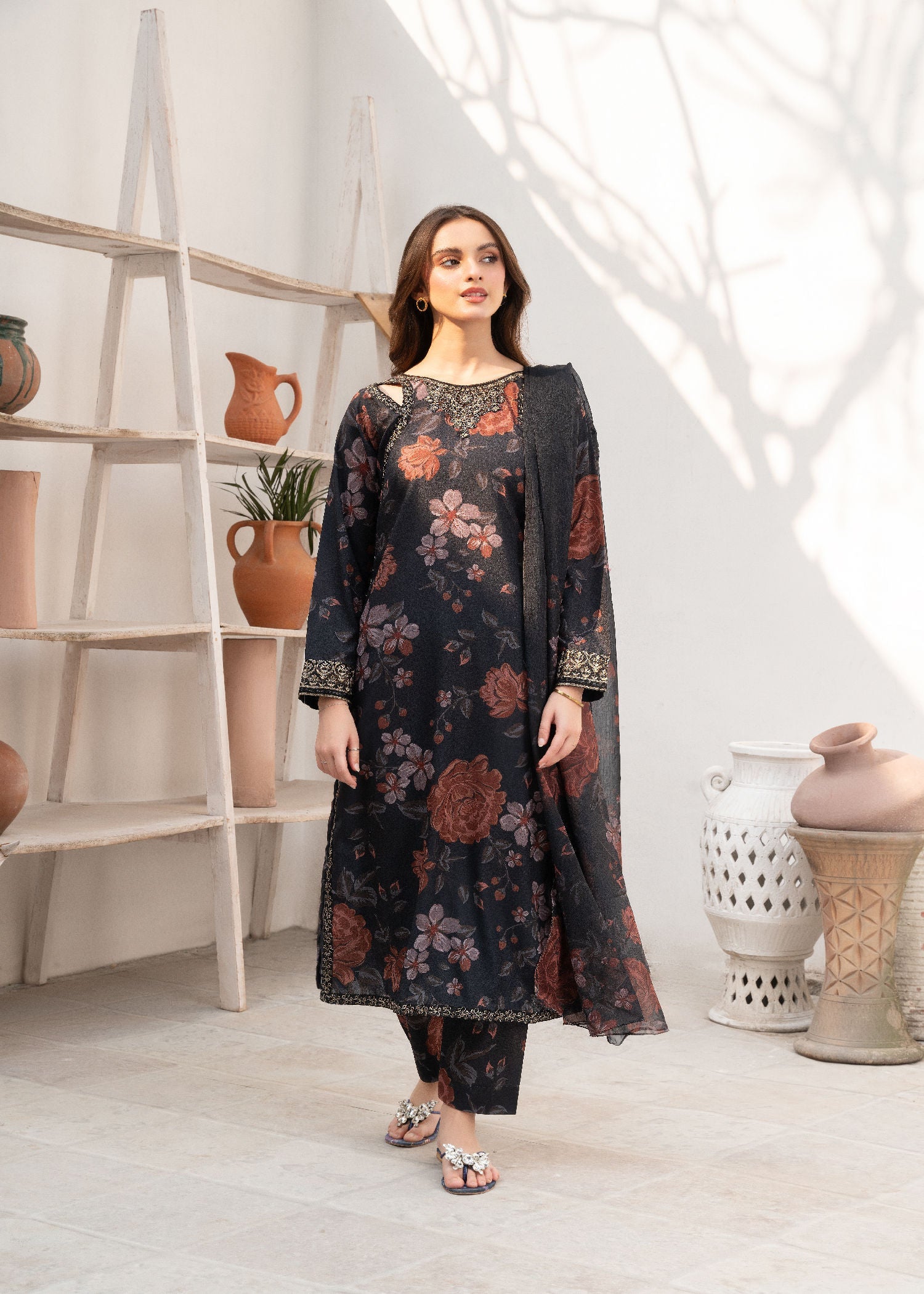 Pakistani Black Printed Poly-Cotton Kurta Set (3-Piece) - Image 1