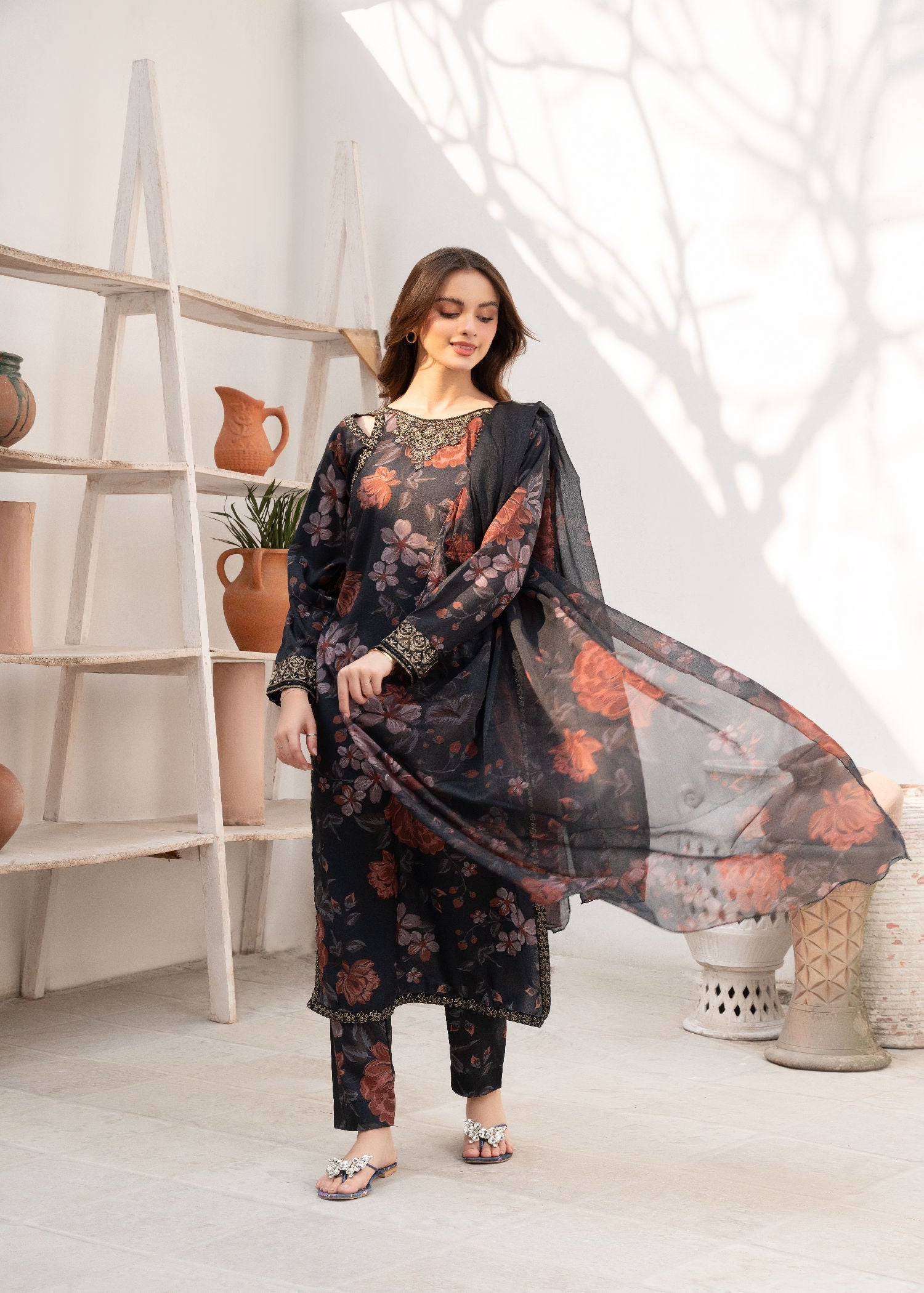 Pakistani Black Printed Poly-Cotton Kurta Set (3-Piece) - Image 2