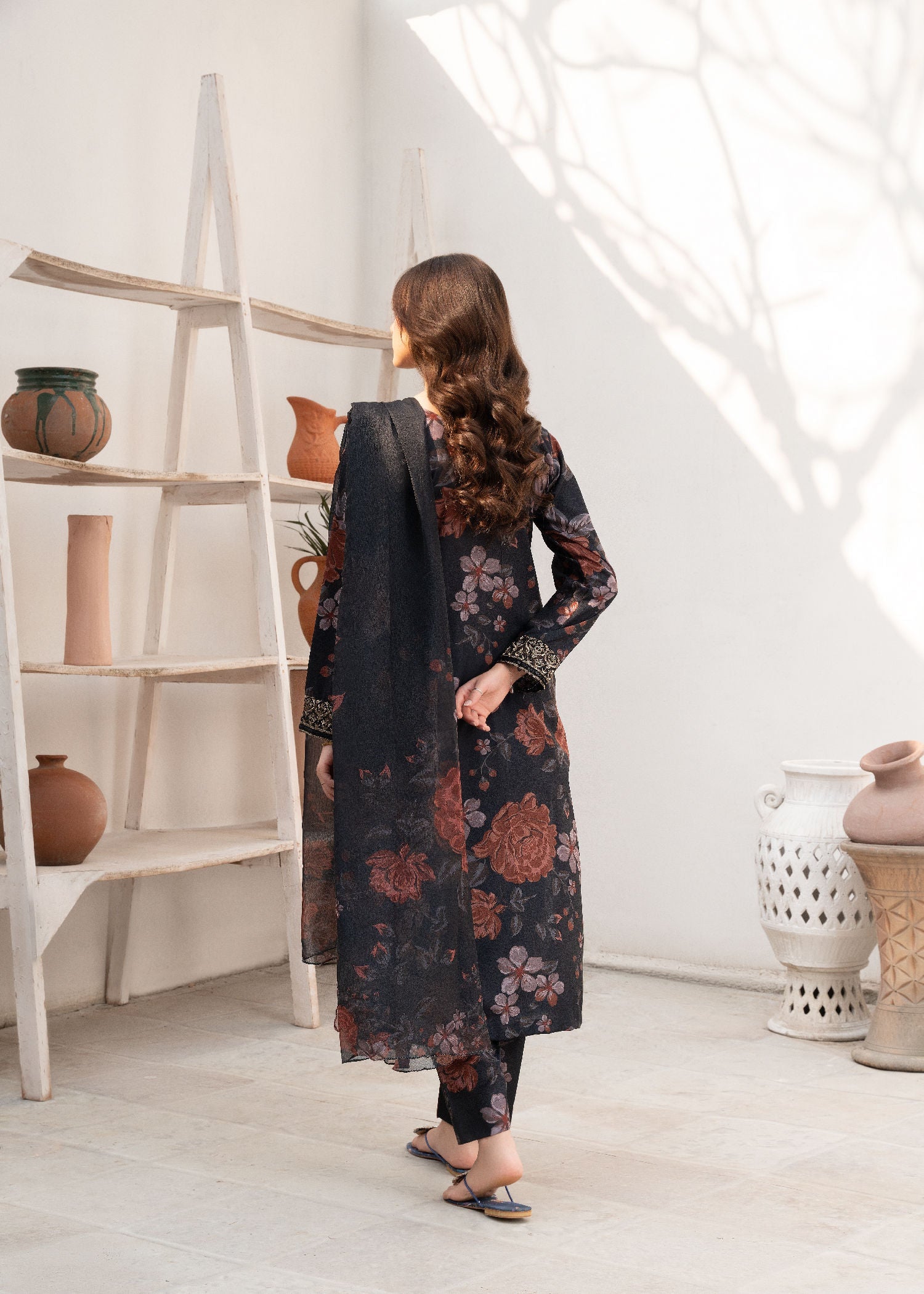 Pakistani Black Printed Poly-Cotton Kurta Set (3-Piece) - Image 3