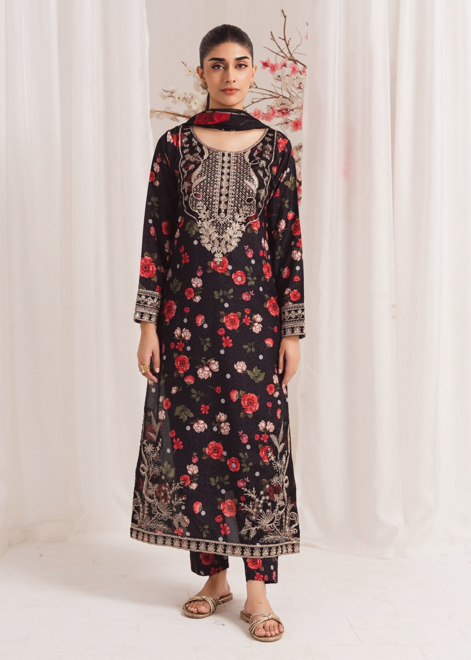 Pakistani Black Embroidered Poly Lawn Kurta Set (3-Piece) - Image 1