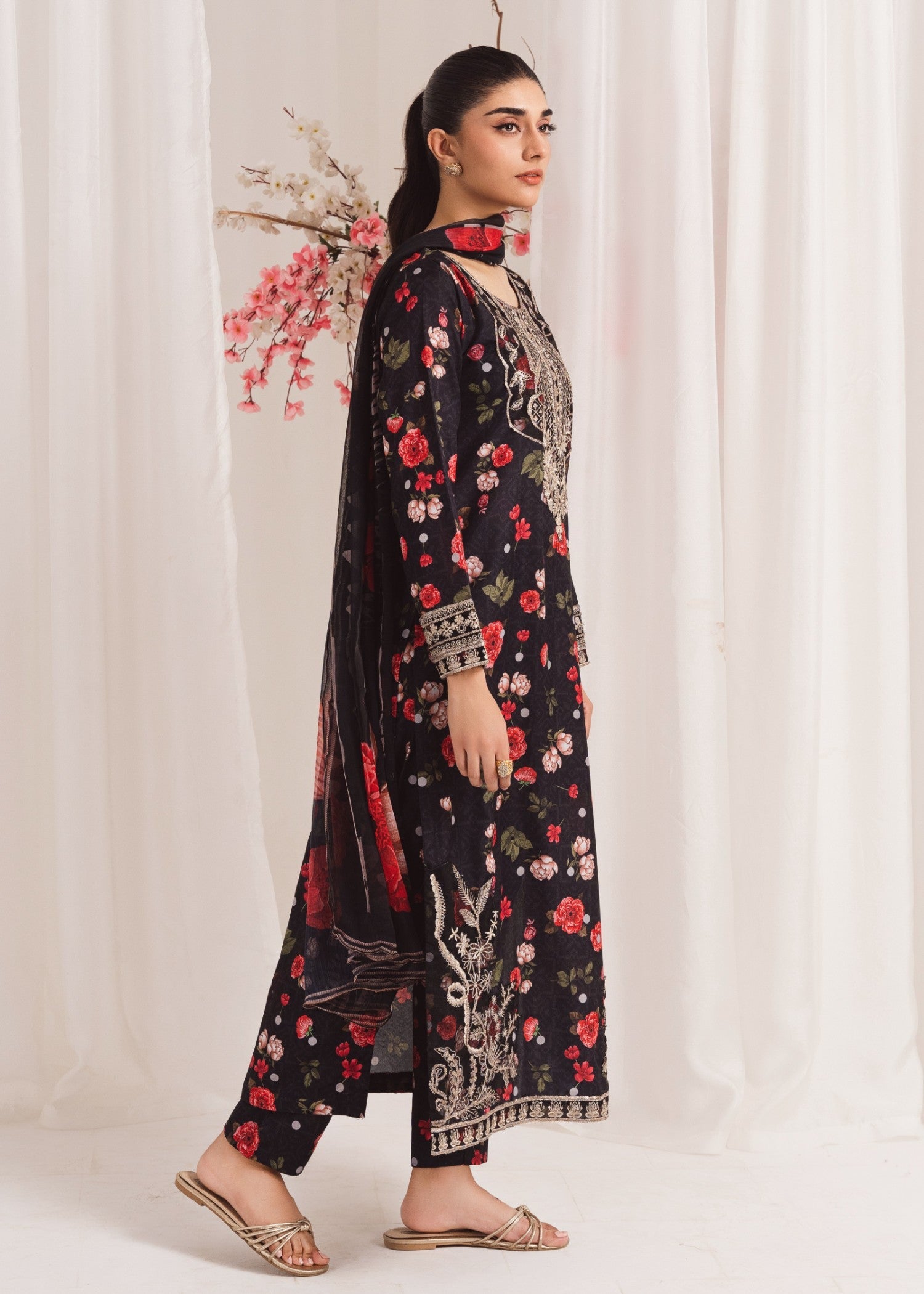 Pakistani Black Embroidered Poly Lawn Kurta Set (3-Piece) - Image 2