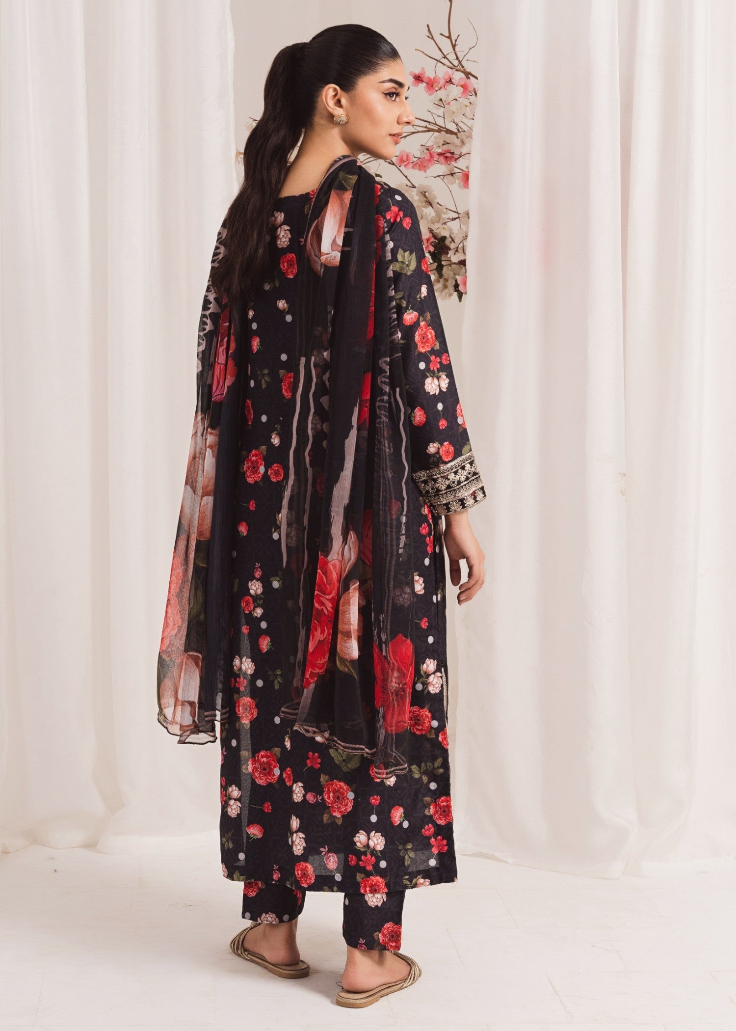 Pakistani Black Embroidered Poly Lawn Kurta Set (3-Piece) - Image 3