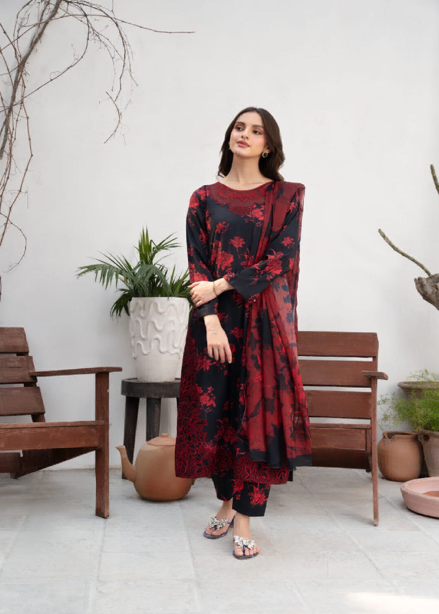 Pakistani Black Printed & Embroidered Poly Lawn Kurta Set (2-Piece) - Image 1