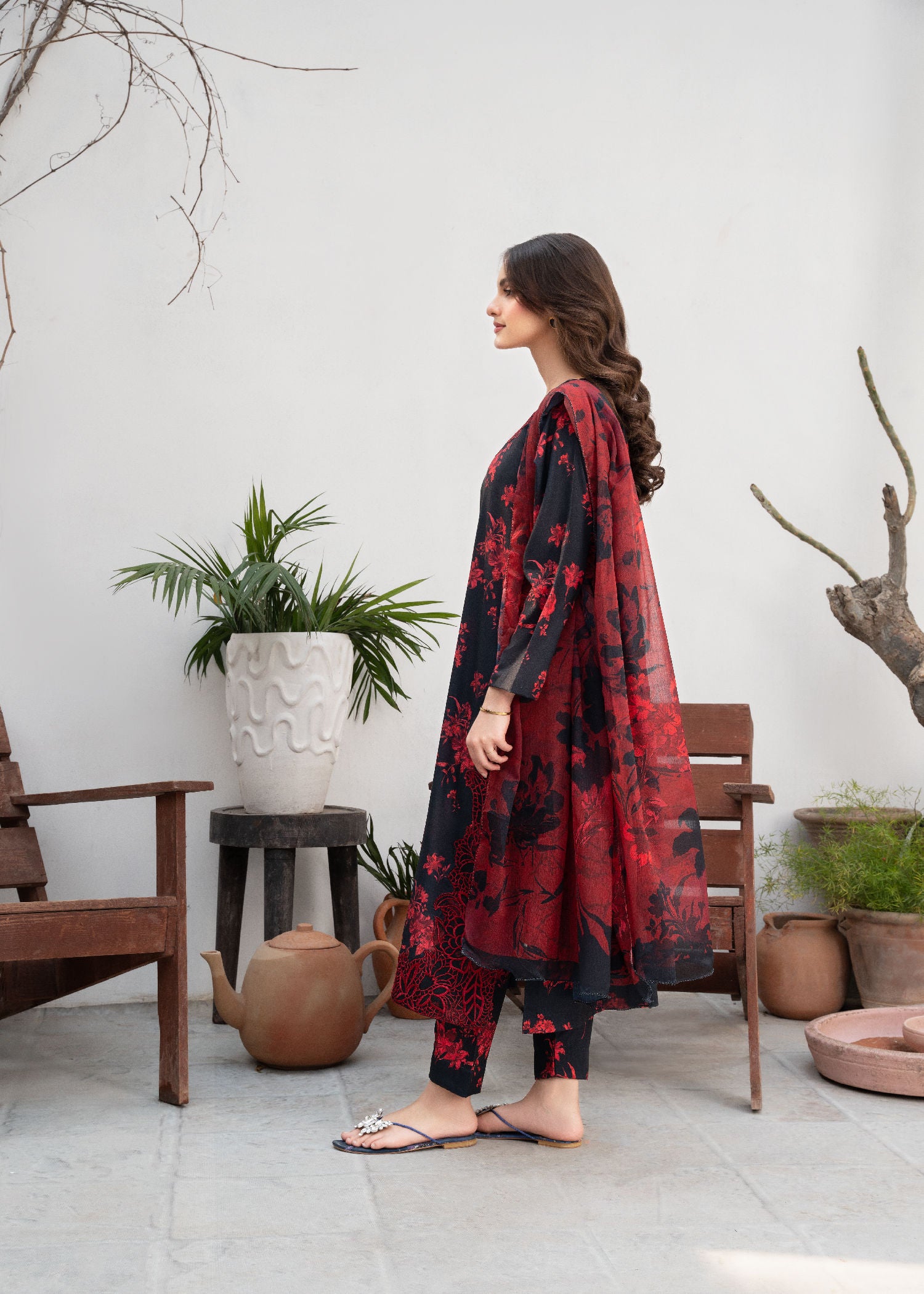 Pakistani Black Printed & Embroidered Poly Lawn Kurta Set (2-Piece) - Image 2