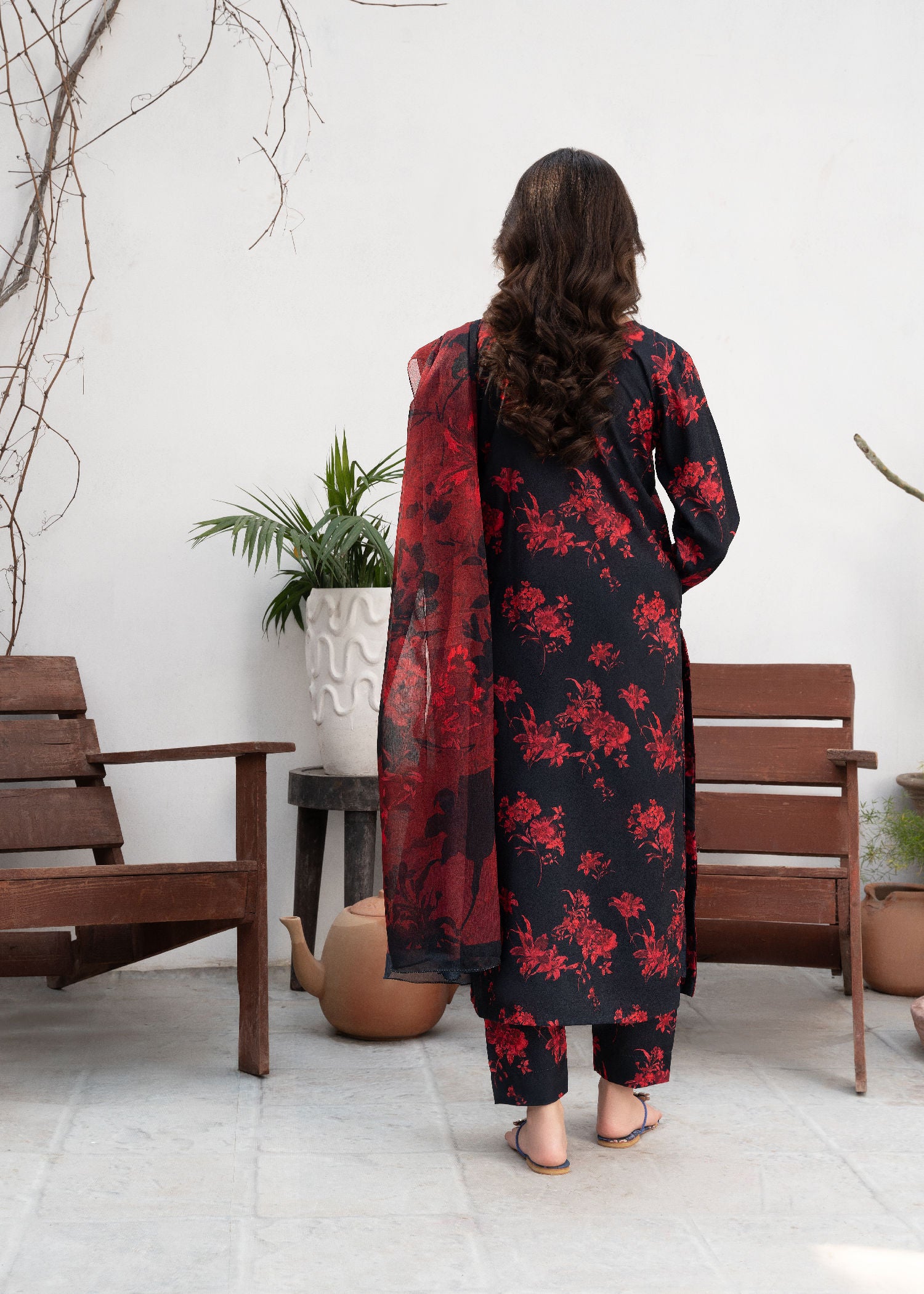 Pakistani Black Printed & Embroidered Poly Lawn Kurta Set (2-Piece) - Image 3