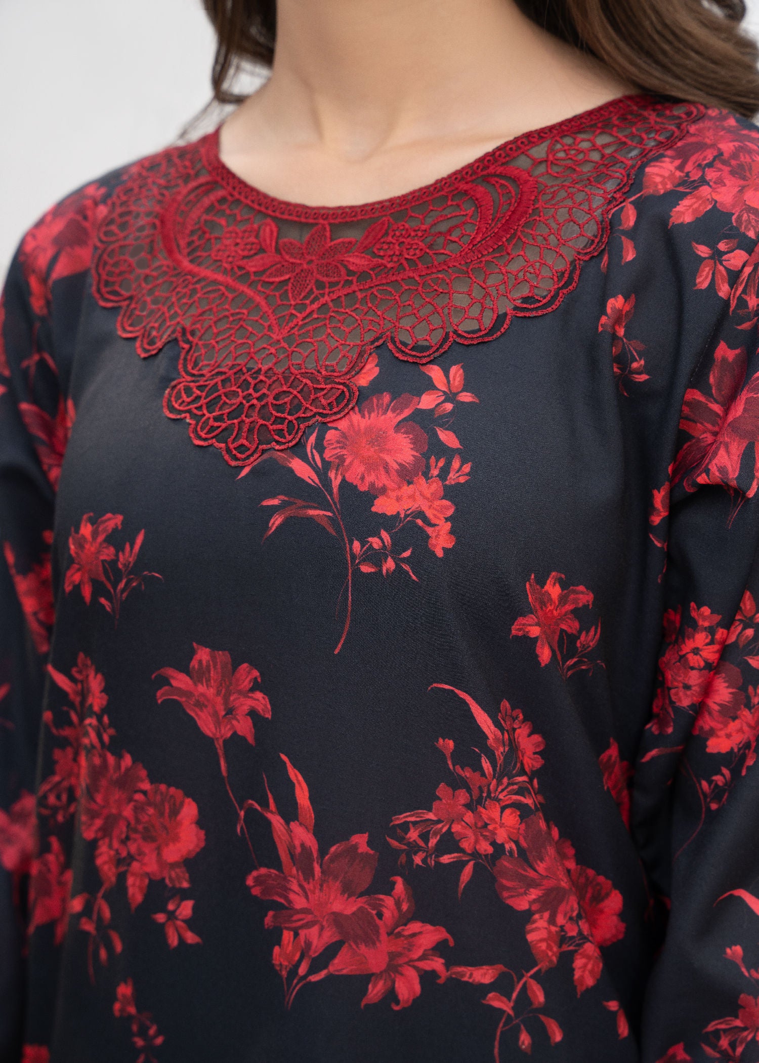 Pakistani Black Printed & Embroidered Poly Lawn Kurta Set (2-Piece) - Image 4