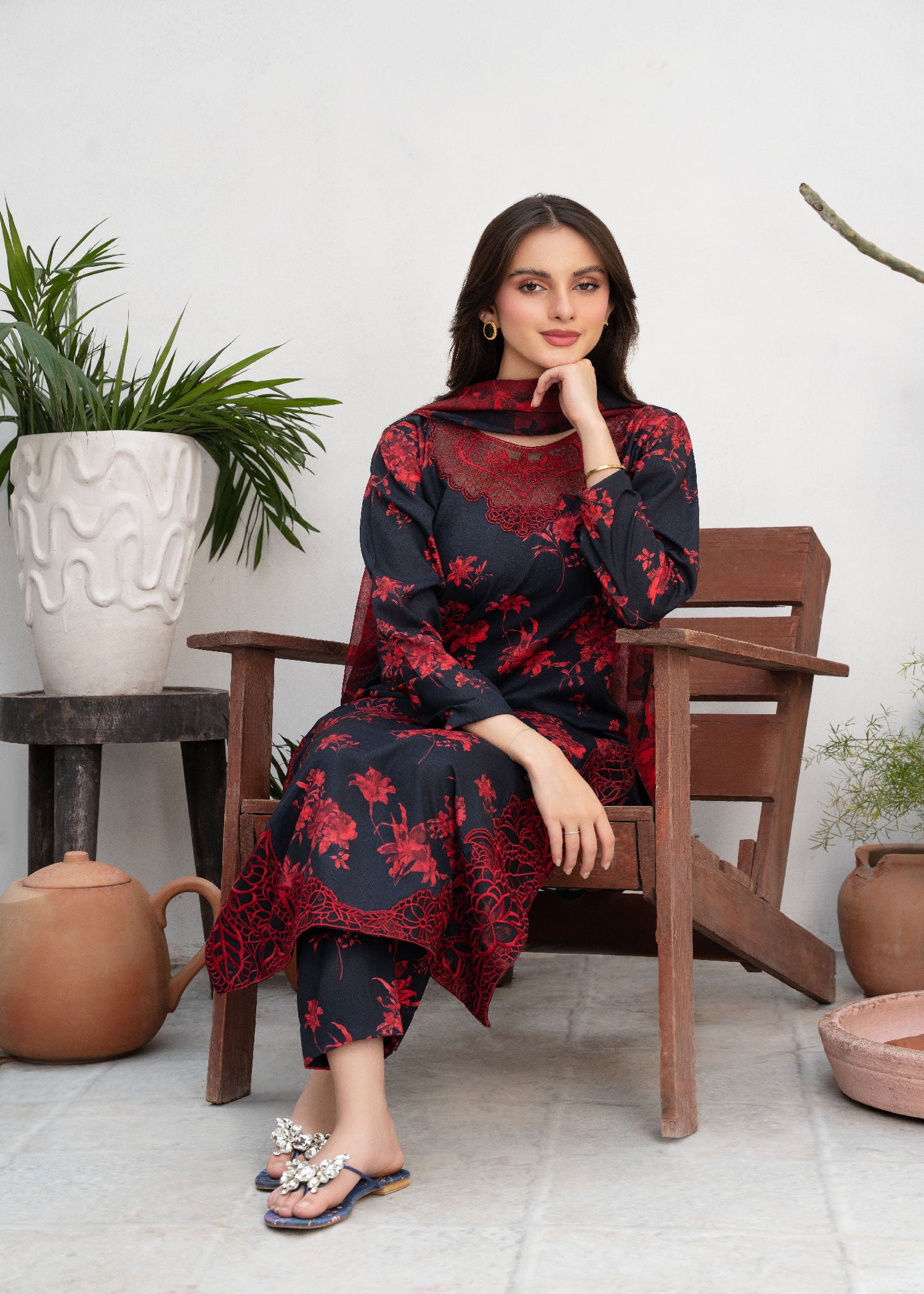 Pakistani Black Printed & Embroidered Poly Lawn Kurta Set (2-Piece) - Image 5