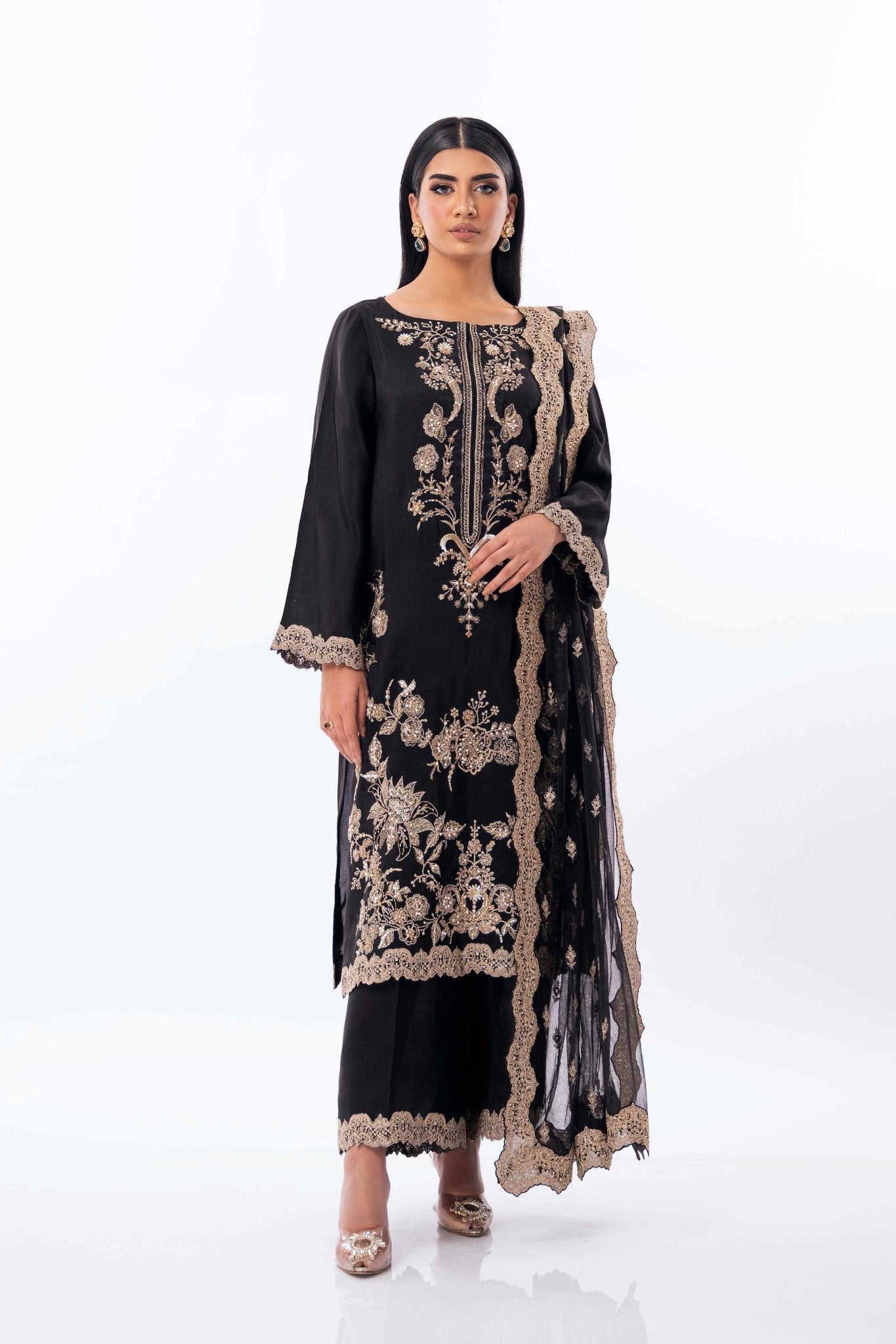 Black Pearl Embroidered Pure Silk Salwar Kameez (3-Piece) - Image 2