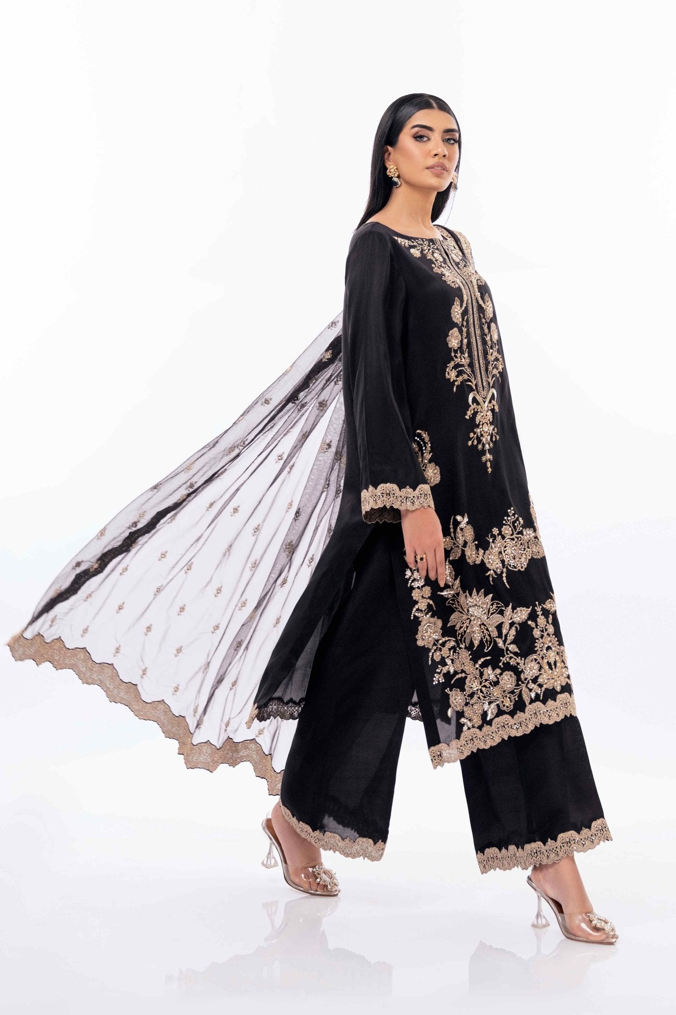 Black Pearl Embroidered Pure Silk Salwar Kameez (3-Piece) - Image 3