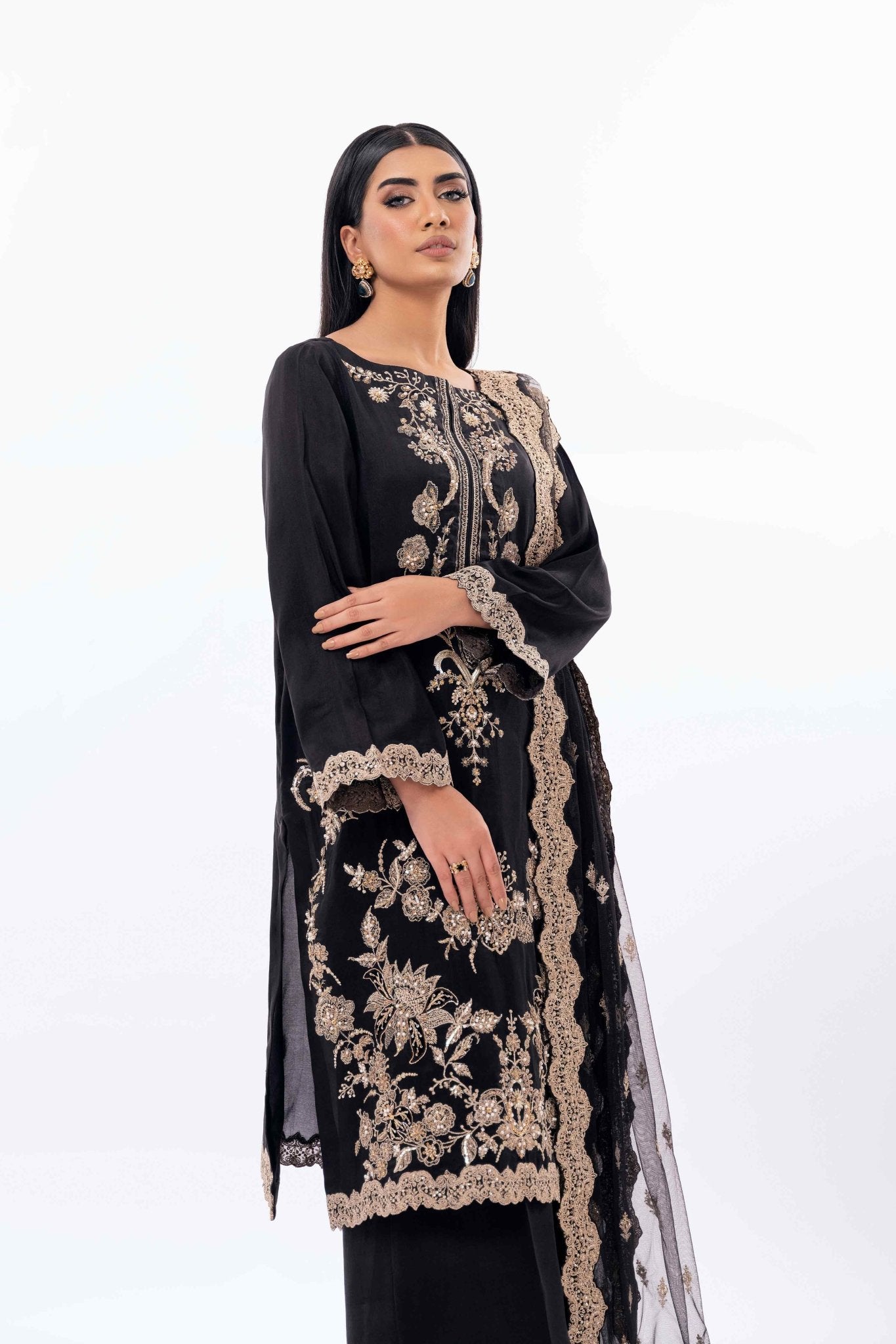 Black Pearl Embroidered Pure Silk Salwar Kameez (3-Piece) - Image 4