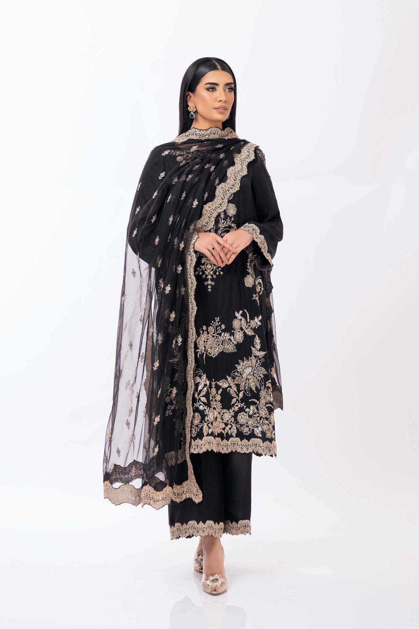 Black Pearl Embroidered Pure Silk Salwar Kameez (3-Piece) - Image 5