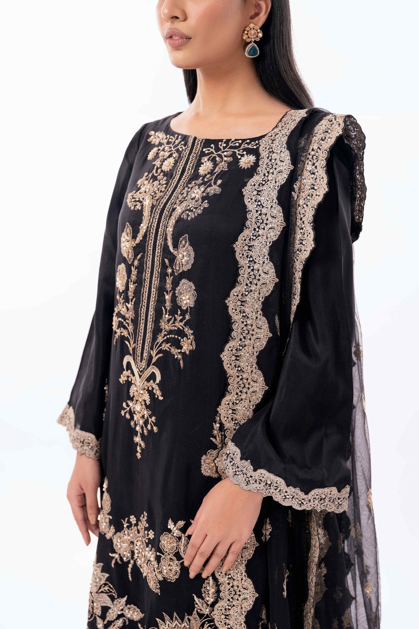 Black Pearl Embroidered Pure Silk Salwar Kameez (3-Piece) - Image 6