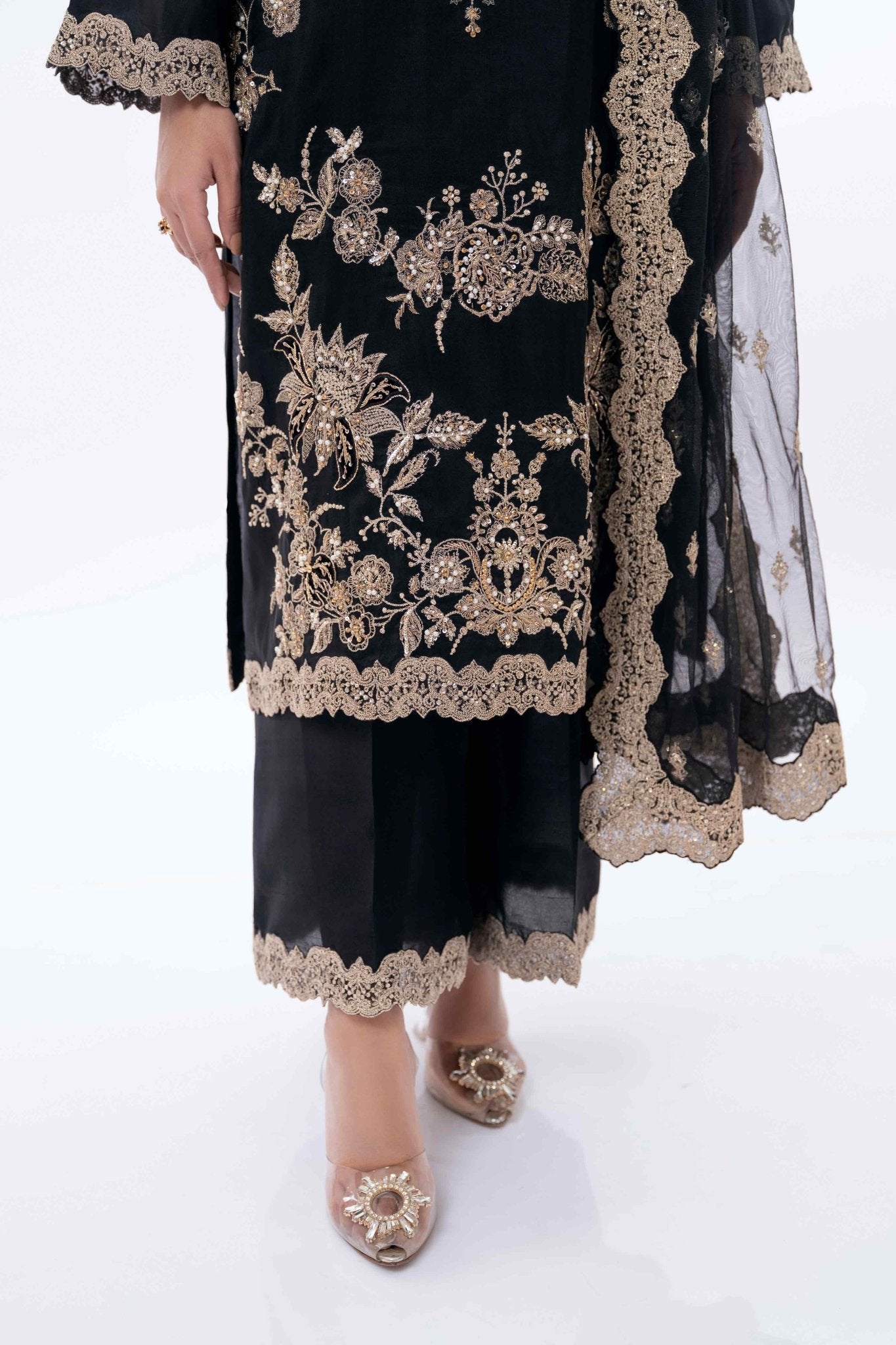 Black Pearl Embroidered Pure Silk Salwar Kameez (3-Piece) - Image 7