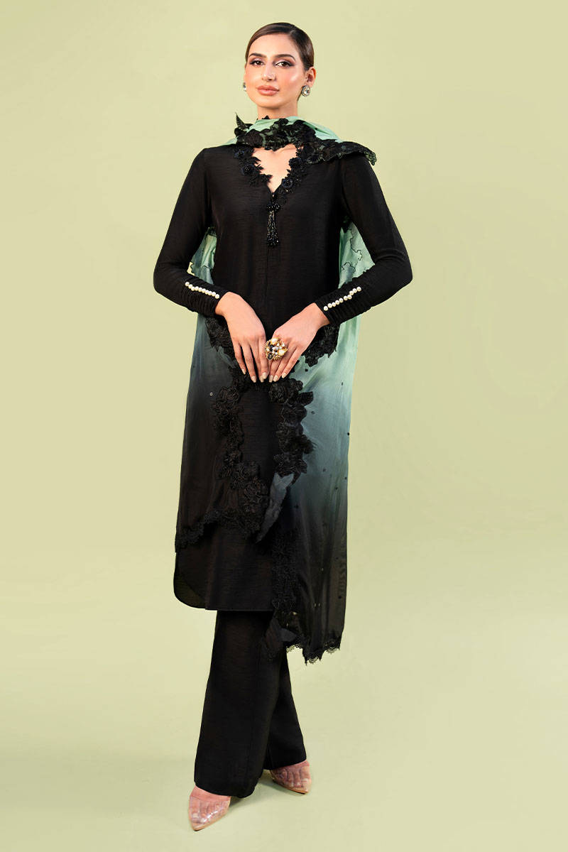 Black 3D Embellished Raw Silk Kurta Set (3-Piece) - Image 1