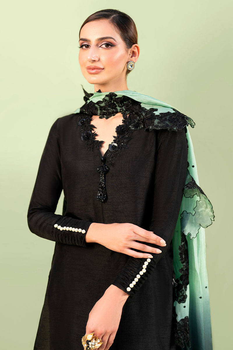 Black 3D Embellished Raw Silk Kurta Set (3-Piece) - Image 2