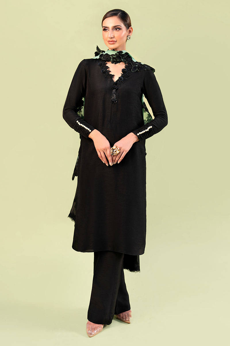 Black 3D Embellished Raw Silk Kurta Set (3-Piece) - Image 6