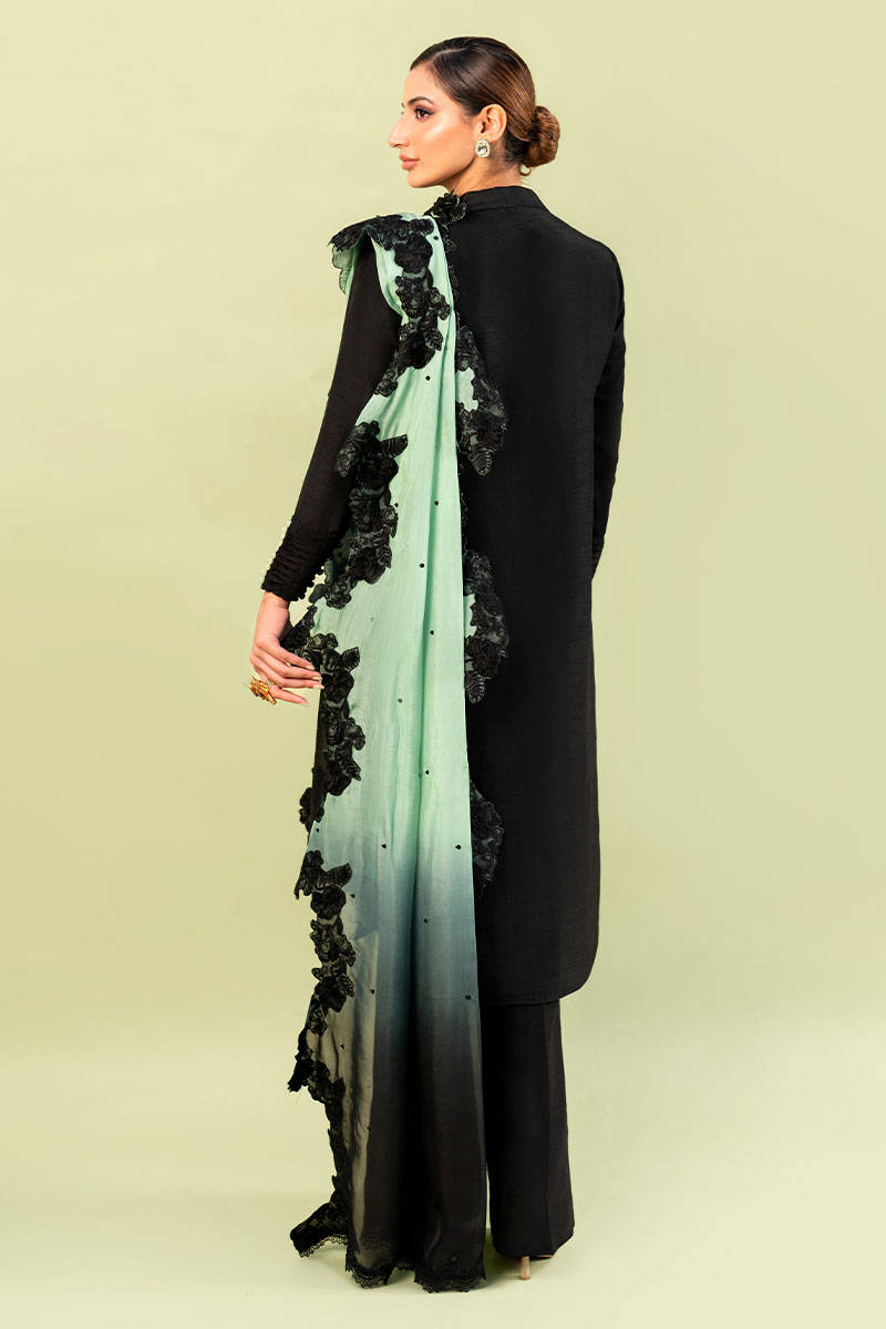 Black 3D Embellished Raw Silk Kurta Set (3-Piece) - Image 7