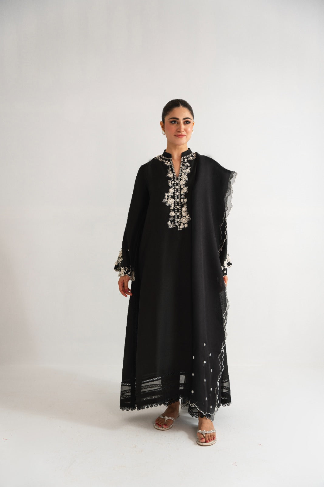 Pakistani Black 3D Embroidered Pure Raw Silk Salwar Kameez (3-Piece) - Image 1