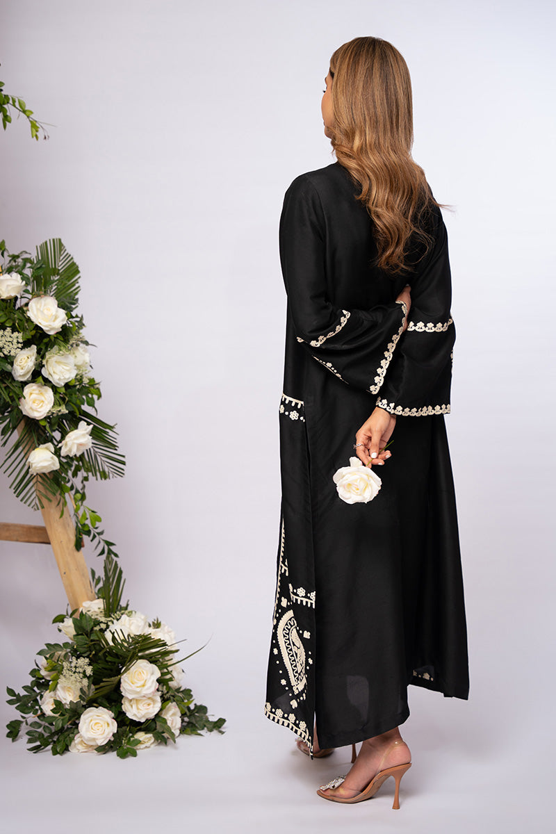 Black Aari Embroidered Pure Raw Silk Salwar Kameez (2-Piece) - Image 4