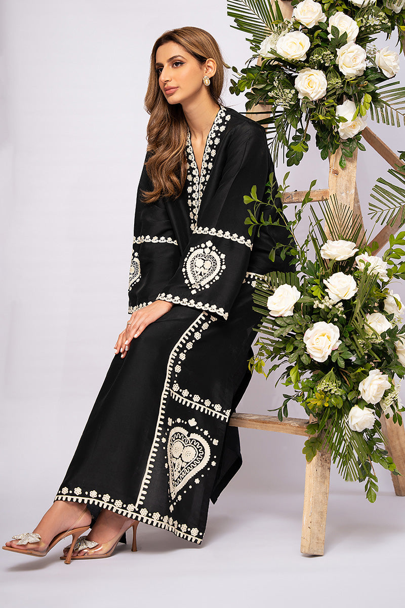Black Aari Embroidered Pure Raw Silk Salwar Kameez (2-Piece) - Image 9