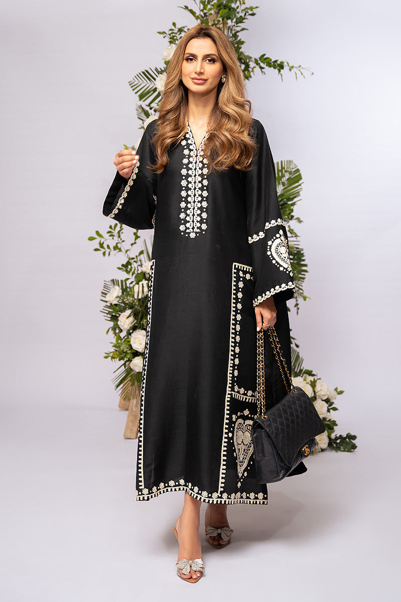 Black Aari Embroidered Pure Raw Silk Salwar Kameez (2-Piece) - Image 1