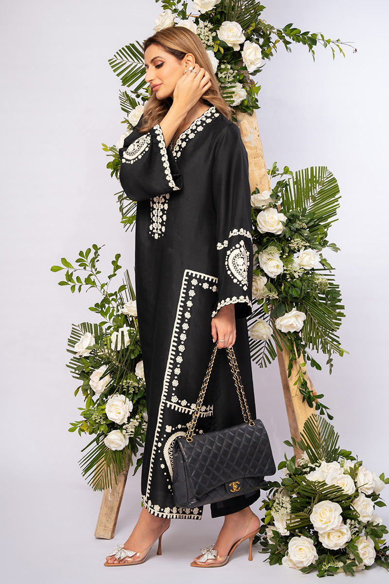 Black Aari Embroidered Pure Raw Silk Salwar Kameez (2-Piece) - Image 2