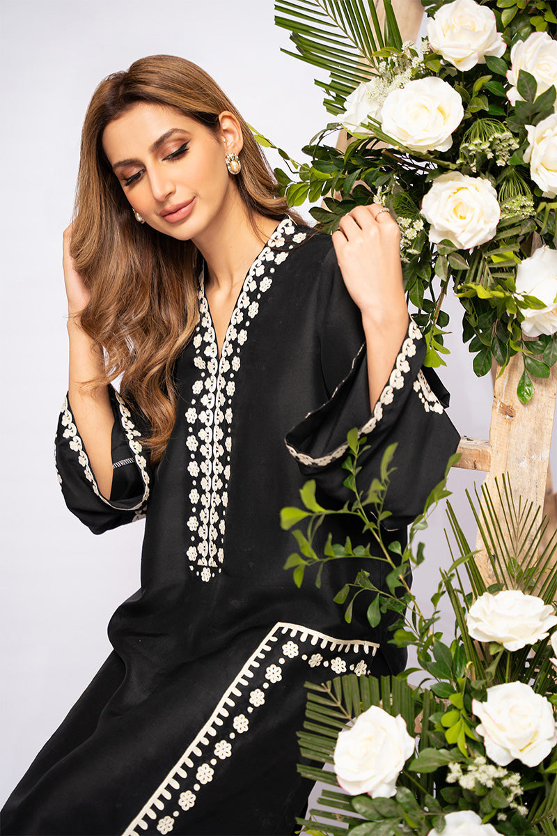 Black Aari Embroidered Pure Raw Silk Salwar Kameez (2-Piece) - Image 5
