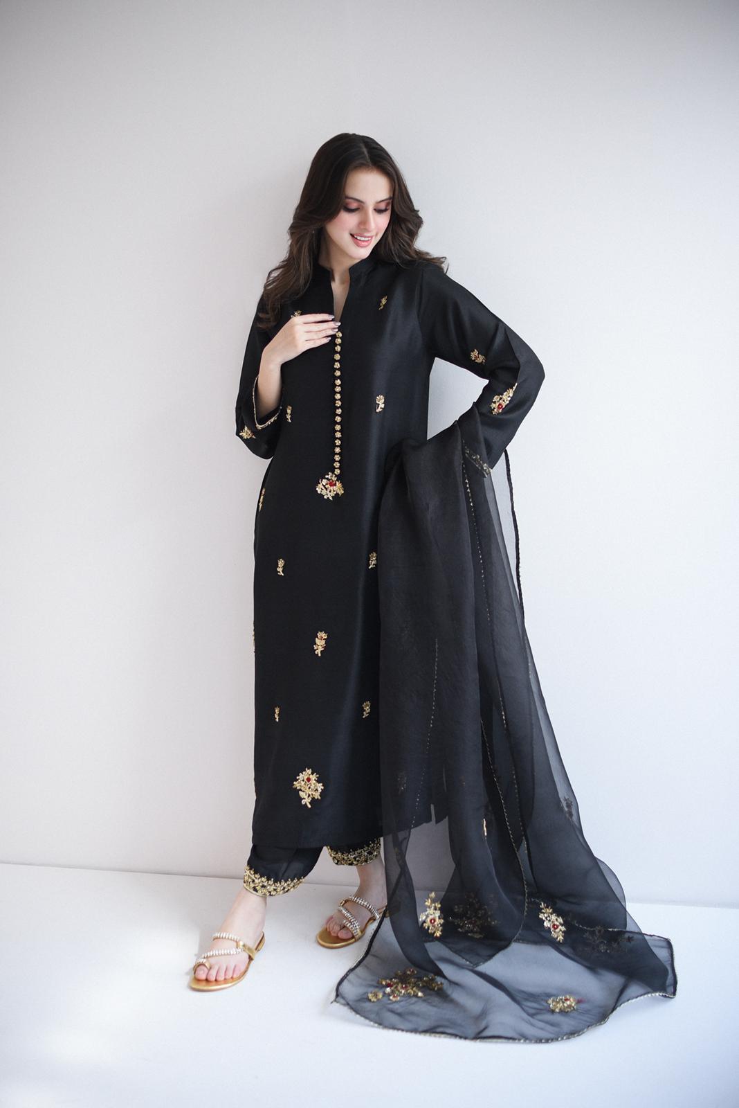 Jet Black Ada Work Pure Raw Silk Salwar Kameez (3-Piece) - Image 1