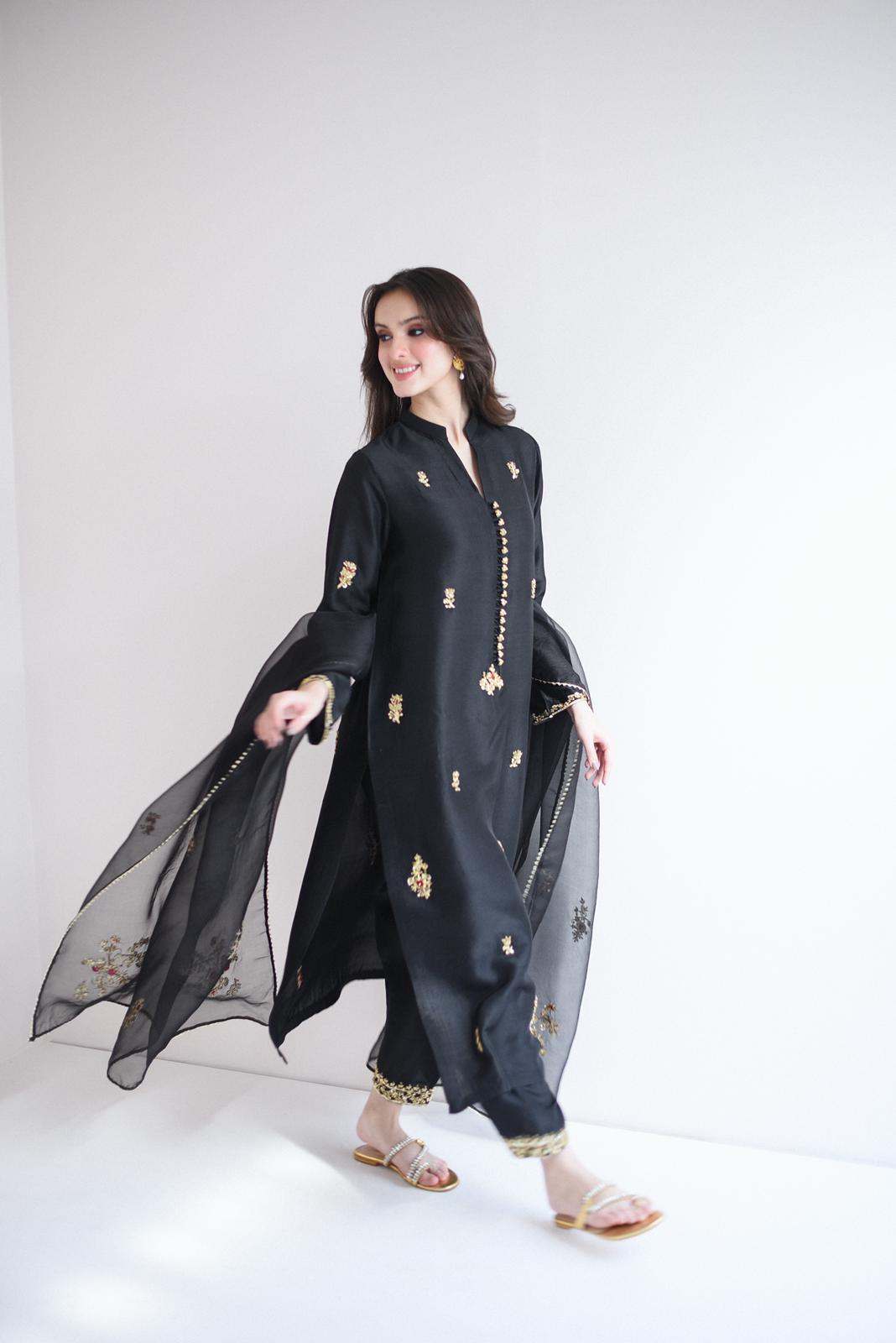 Jet Black Ada Work Pure Raw Silk Salwar Kameez (3-Piece) - Image 2