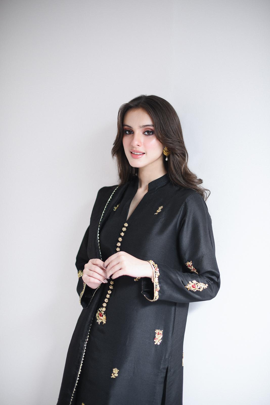 Jet Black Ada Work Pure Raw Silk Salwar Kameez (3-Piece) - Image 3