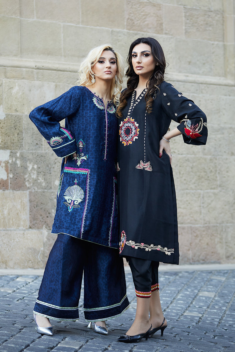 Black Anchor Embroidered Raw Silk Salwar Kameez (2-Piece) - Image 10