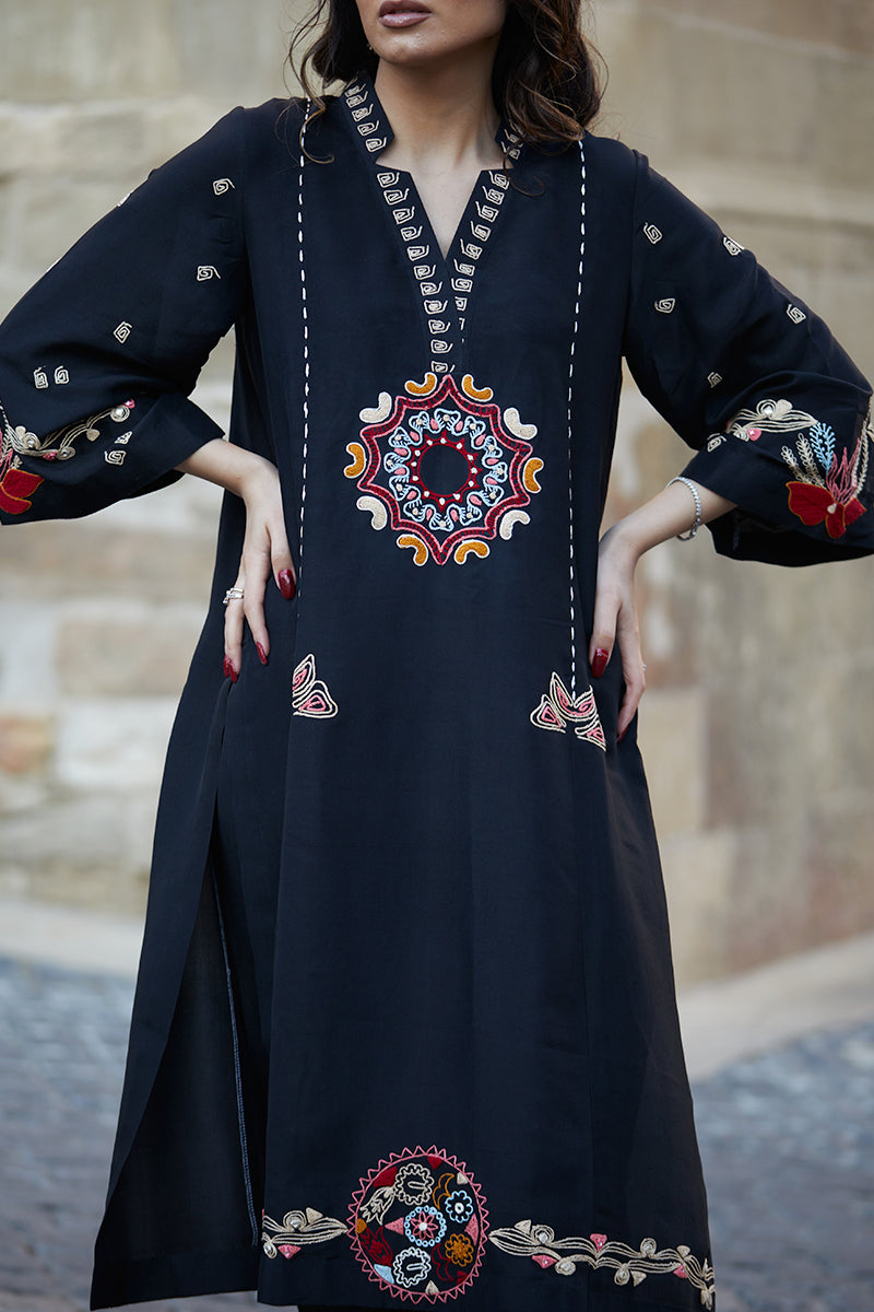 Black Anchor Embroidered Raw Silk Salwar Kameez (2-Piece) - Image 3