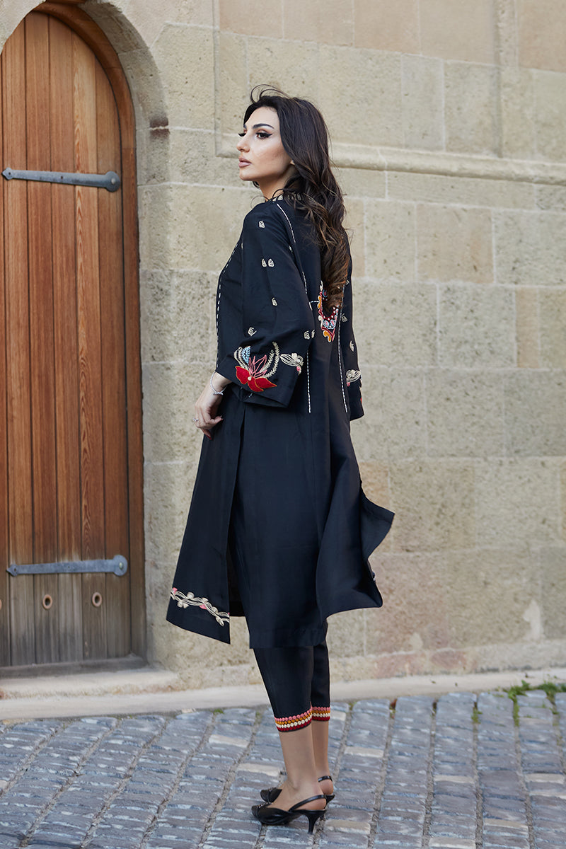 Black Anchor Embroidered Raw Silk Salwar Kameez (2-Piece) - Image 8