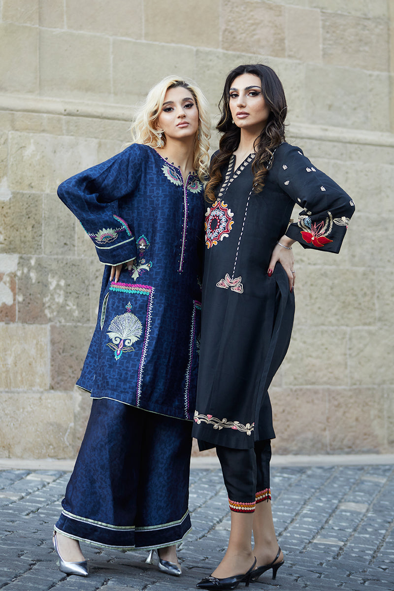 Black Anchor Embroidered Raw Silk Salwar Kameez (2-Piece) - Image 9