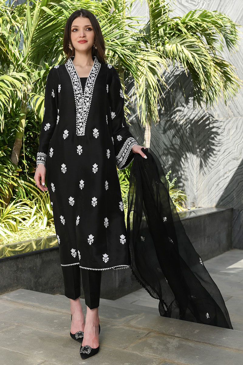 Pakistani Black Ari Embroidered Raw Silk Salwar Kameez (3-Piece) - Image 1