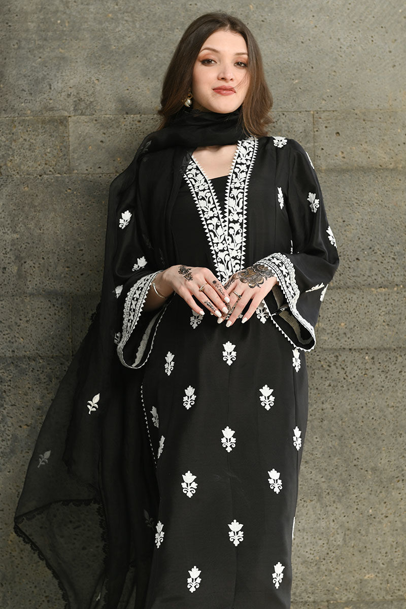 Pakistani Black Ari Embroidered Raw Silk Salwar Kameez (3-Piece) - Image 2