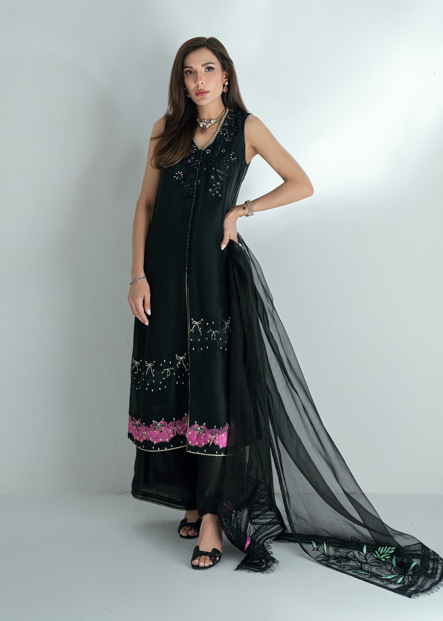 Midnight Black Embroidered Silk Salwar Kameez (3-Piece) - Image 1