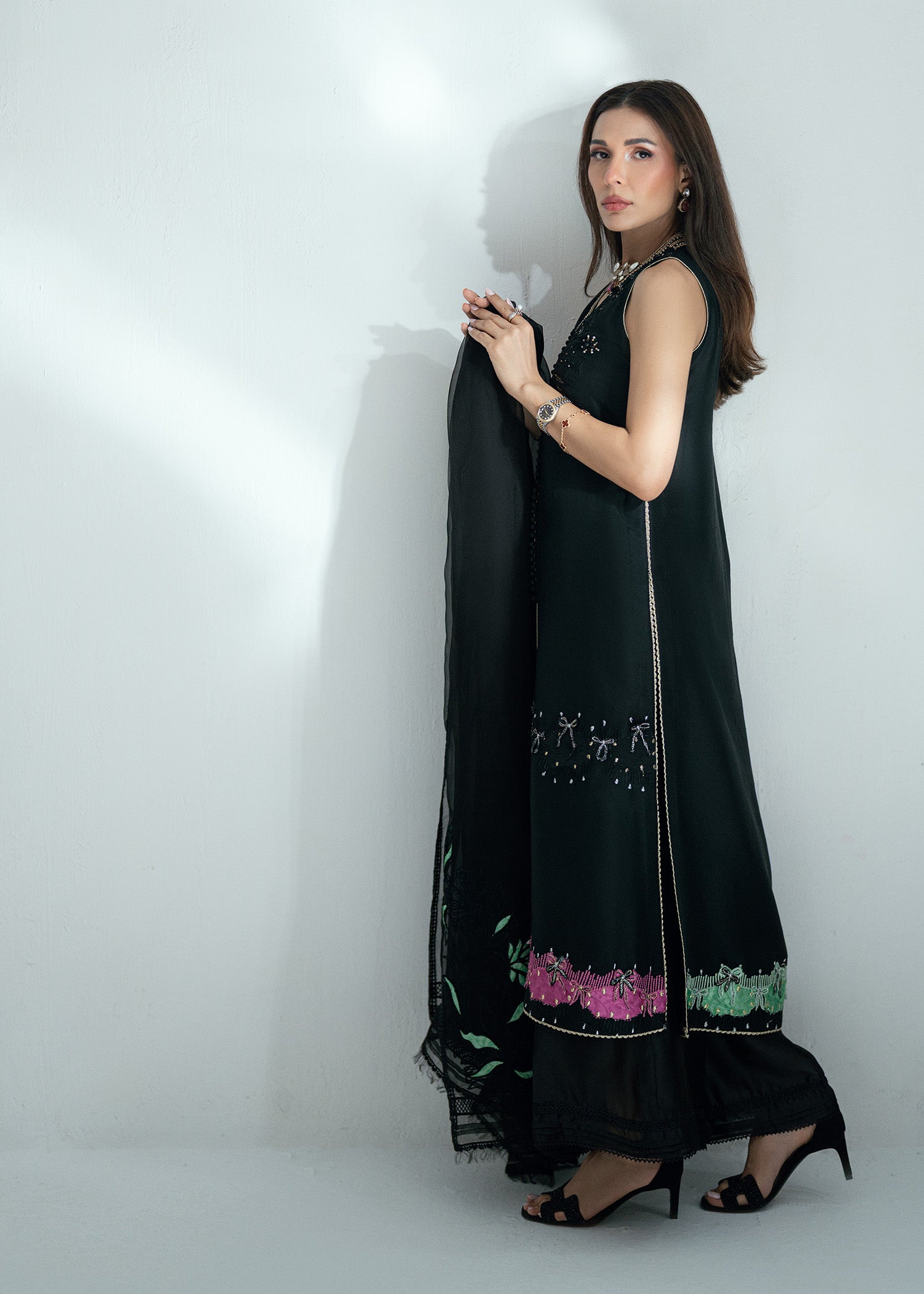 Midnight Black Embroidered Silk Salwar Kameez (3-Piece) - Image 10