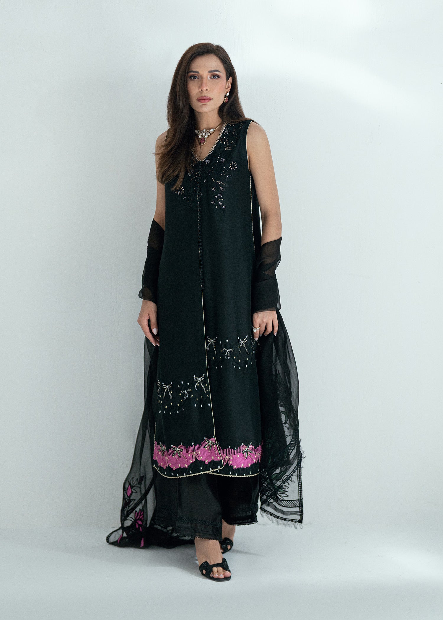 Midnight Black Embroidered Silk Salwar Kameez (3-Piece) - Image 2