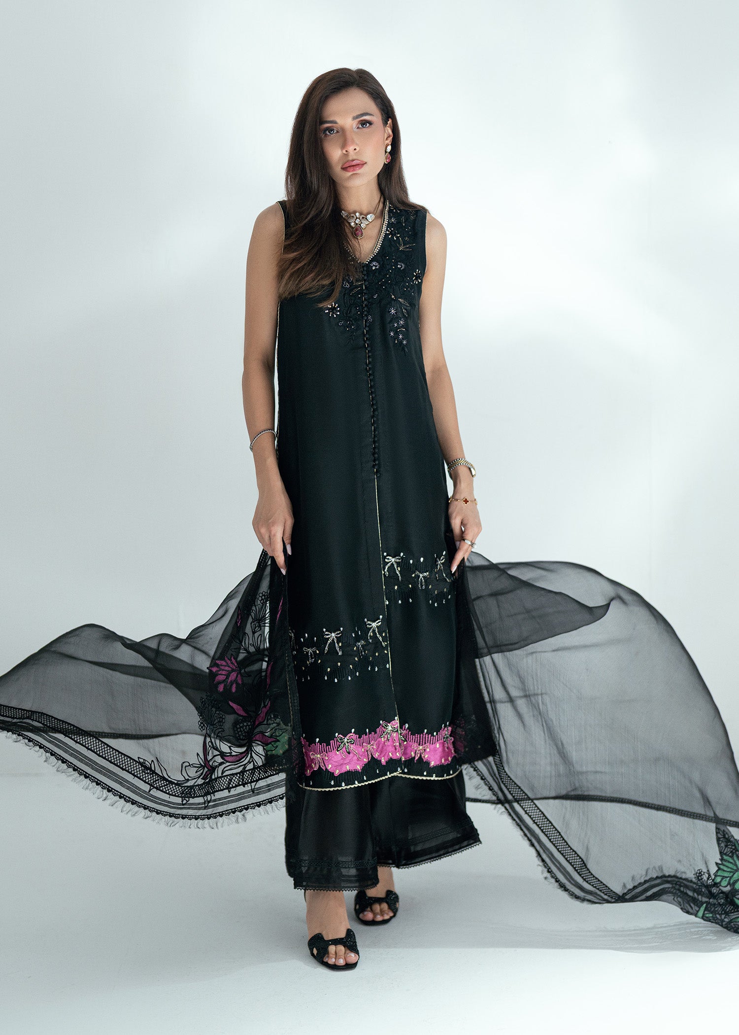 Midnight Black Embroidered Silk Salwar Kameez (3-Piece) - Image 3