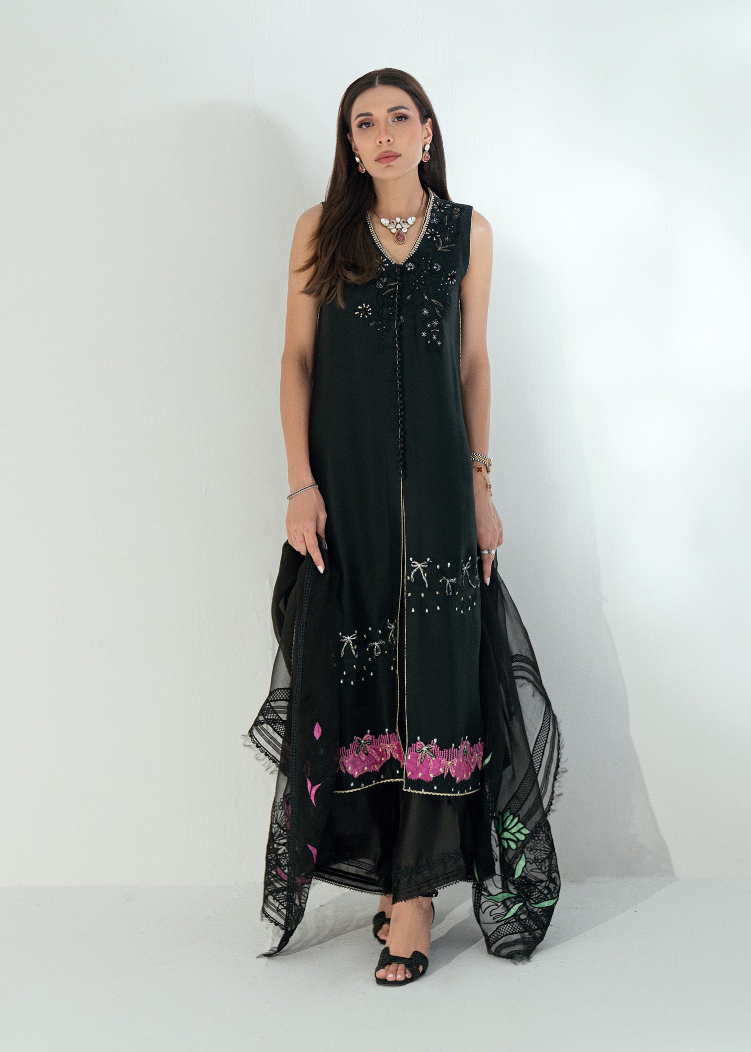 Midnight Black Embroidered Silk Salwar Kameez (3-Piece) - Image 4