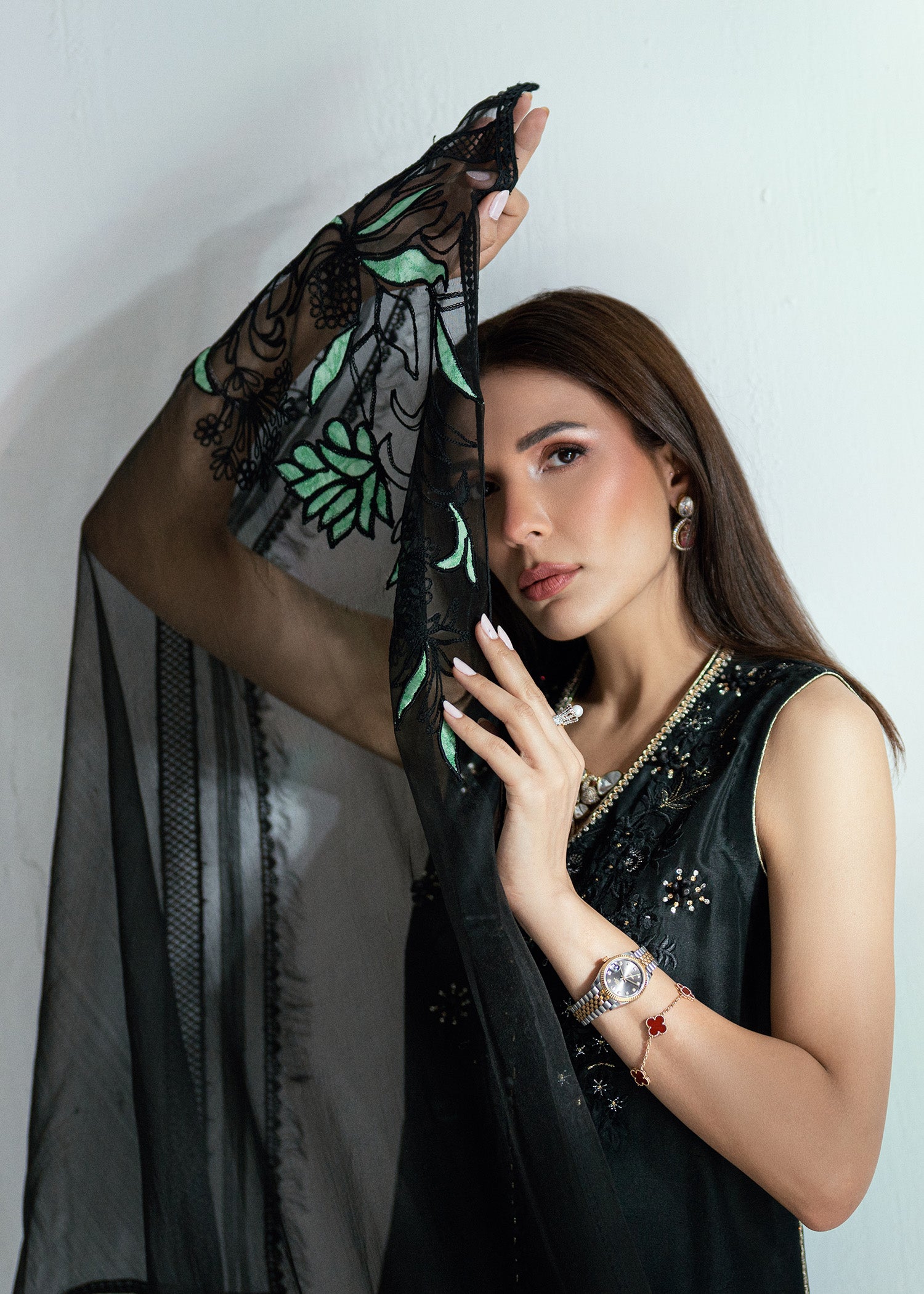 Midnight Black Embroidered Silk Salwar Kameez (3-Piece) - Image 6