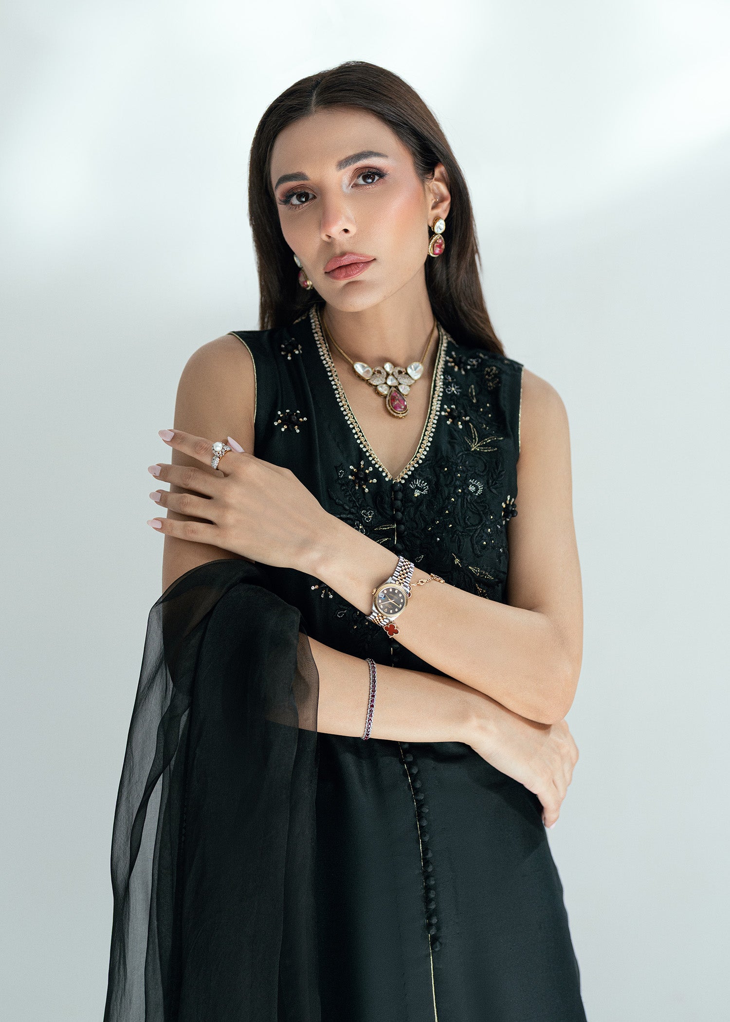 Midnight Black Embroidered Silk Salwar Kameez (3-Piece) - Image 7