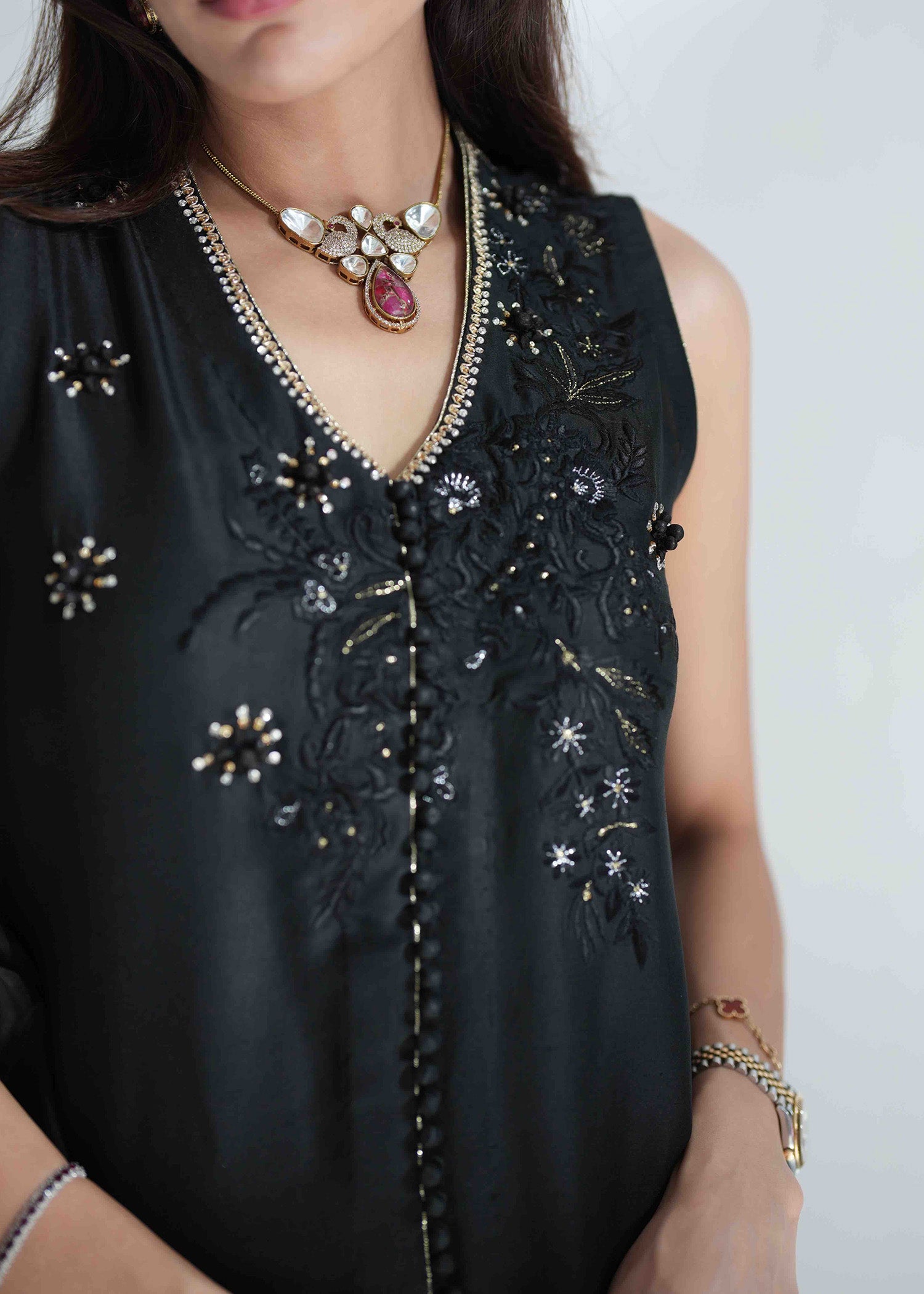 Midnight Black Embroidered Silk Salwar Kameez (3-Piece) - Image 8