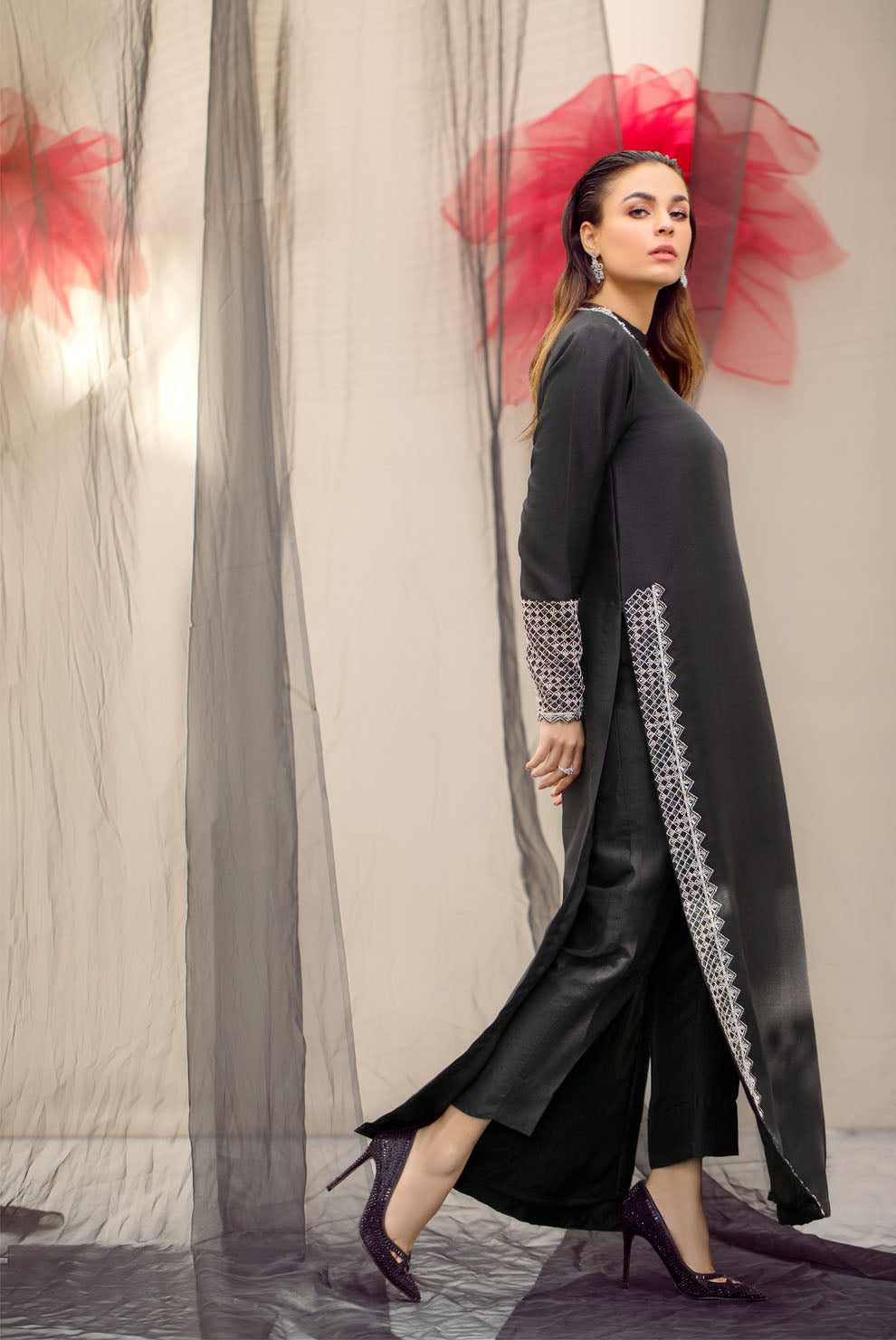 Black Hand Embellished Raw Silk Long Shirt (2-Piece) - Image 2